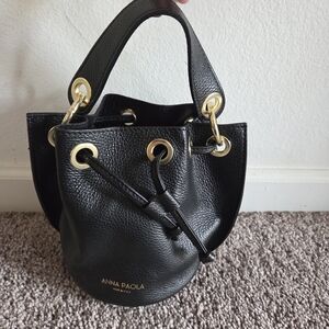 Anna Paola Made In Italy Black Leather Bucket Bag Gold Accents Purse Handbag